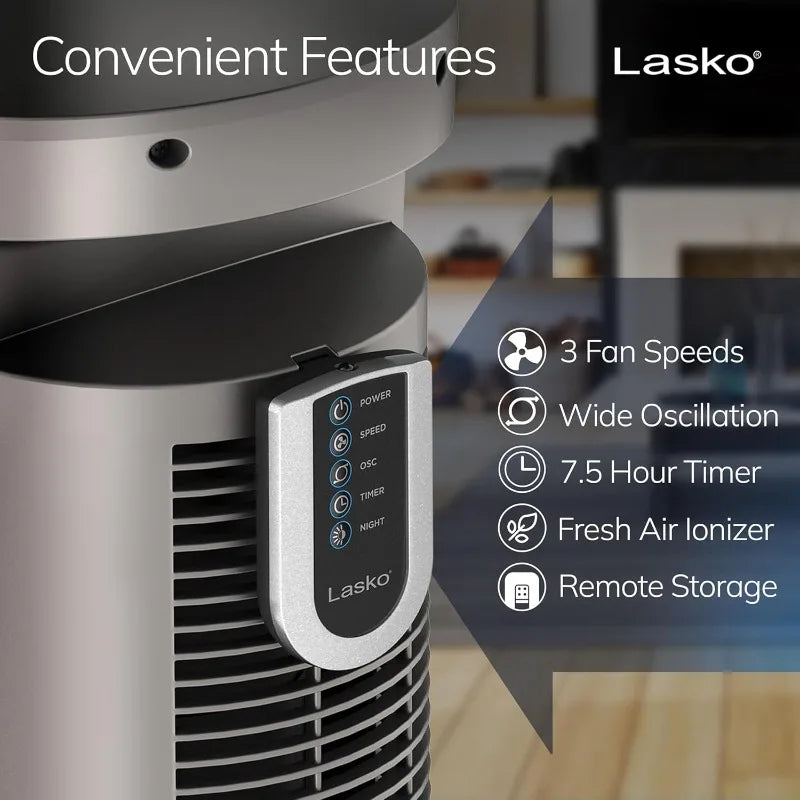 Lasko Oscillating Tower Fan with Remote, Quiet Floor Fans for Bedroom, 42", Woodgrain and Grey, T42954