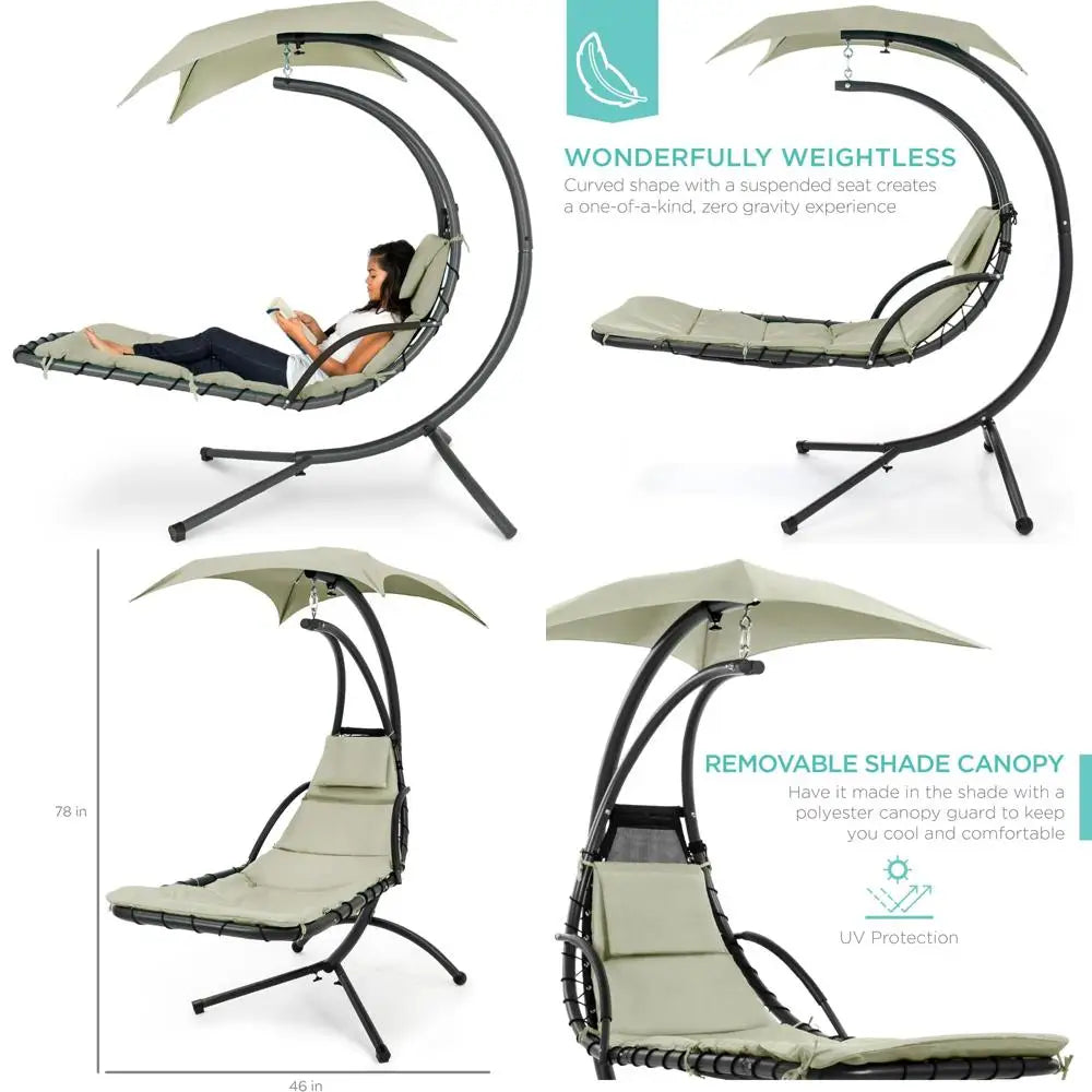 Curved Outdoor Steel Swing Lounge Chair with Pillow and Detachable Canopy in Sage