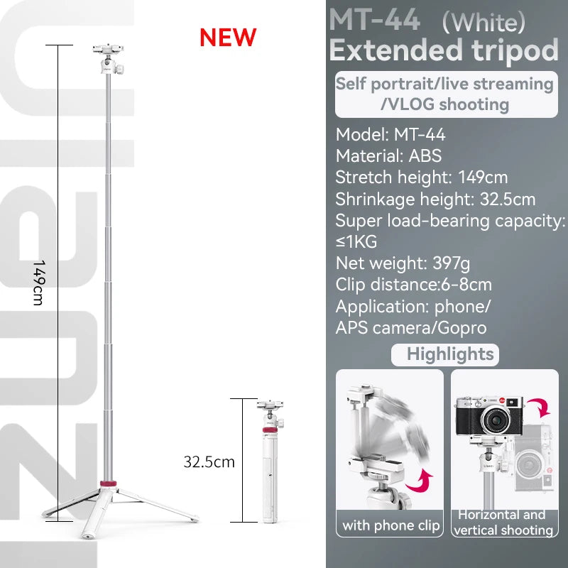Ulanzi MT-44 1.46M Extend Selfie Stick Tripods Tripod With phone Clamp For Cameras Cellphone Samsung iPhone Huawei Xiaomi Stand