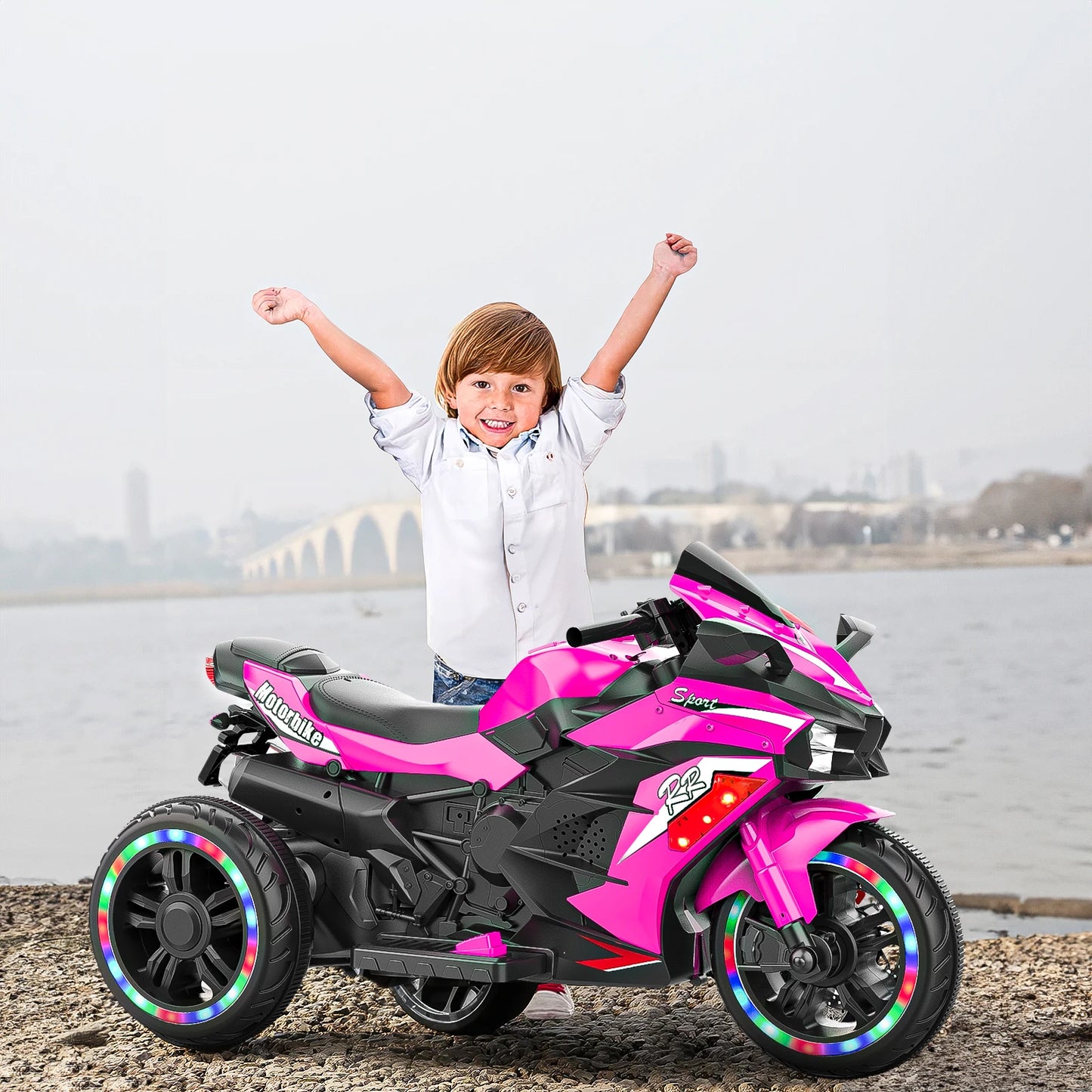 Electric Motorcycle for Kids, 12V Battery Powered Ride on Toys 3 Wheels Motorcycle with LED Lights and Music