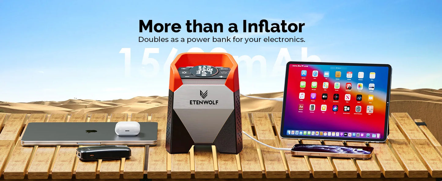 ETENWOLF ZEPHYR S5 Portable Tire Inflator Heavy-Duty Car compressor 160PSI &15600mAh for Pickups Car Tires Motorcycles Bicycles