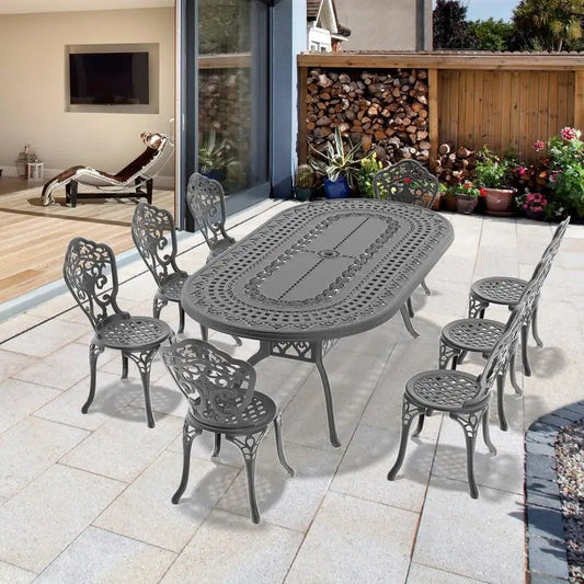 9-Piece Outdoor Dining Set, All-Weather Cast Aluminum Furniture, Black Frame