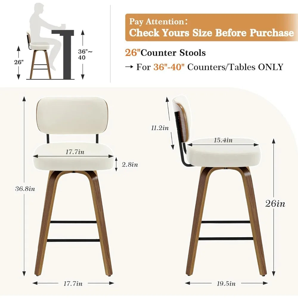 Swivel Counter Height Bar Stools Set of 4, 26" Upholstered Faux Leather Barstools with Back and Bent Wood Legs,