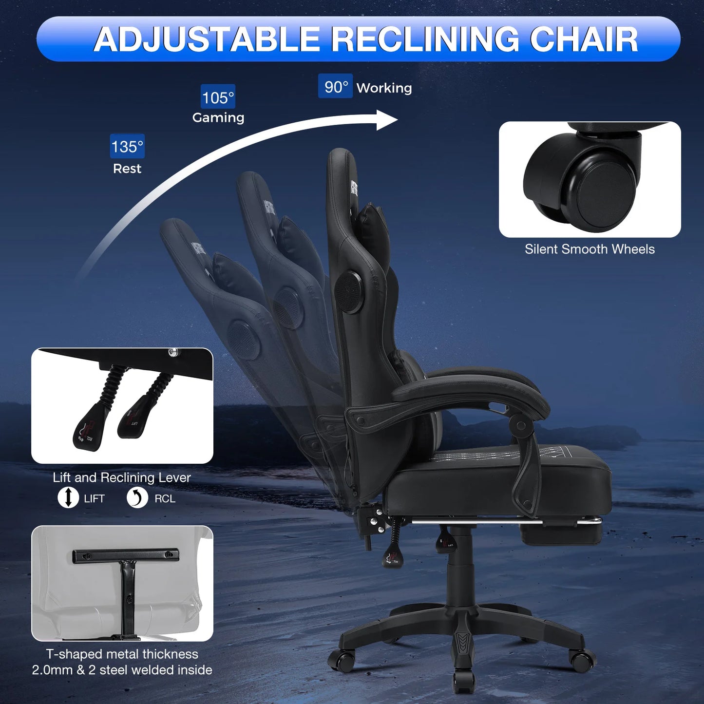 Leather Gaming Chair with Footrest Bluetooth Speaker Dual Function Massage Height Adjustable Recliner Computer Office Chair Sofa