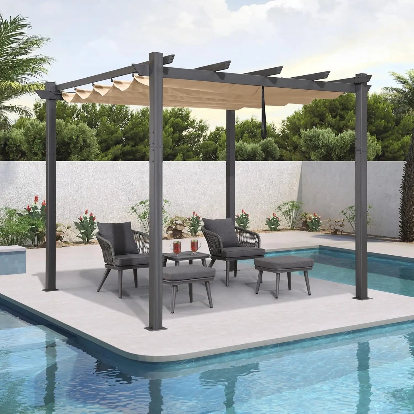 10' X 10' Outdoor Retractable Pergola with Sun Shade Canopy Patio Metal Shelter for Garden Porch Beach Pavilion Grill Gazebo