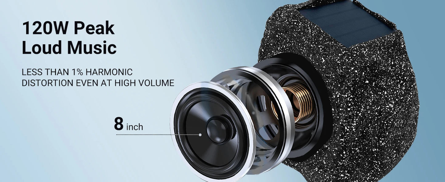 Herdio 8" Rock Speakers Outdoor IPX7 Waterproof Bluetooth Wireless Solar Powered Max 120W With Rechargeable Battery For Garden