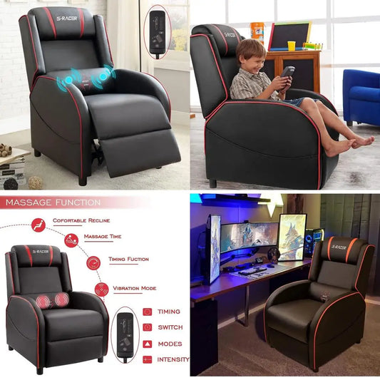 Ergonomic PU Leather Gaming Recliner Chair with Massage, Comfortable for Living Room, Single Sofa Recliner for Home, Racing Styl