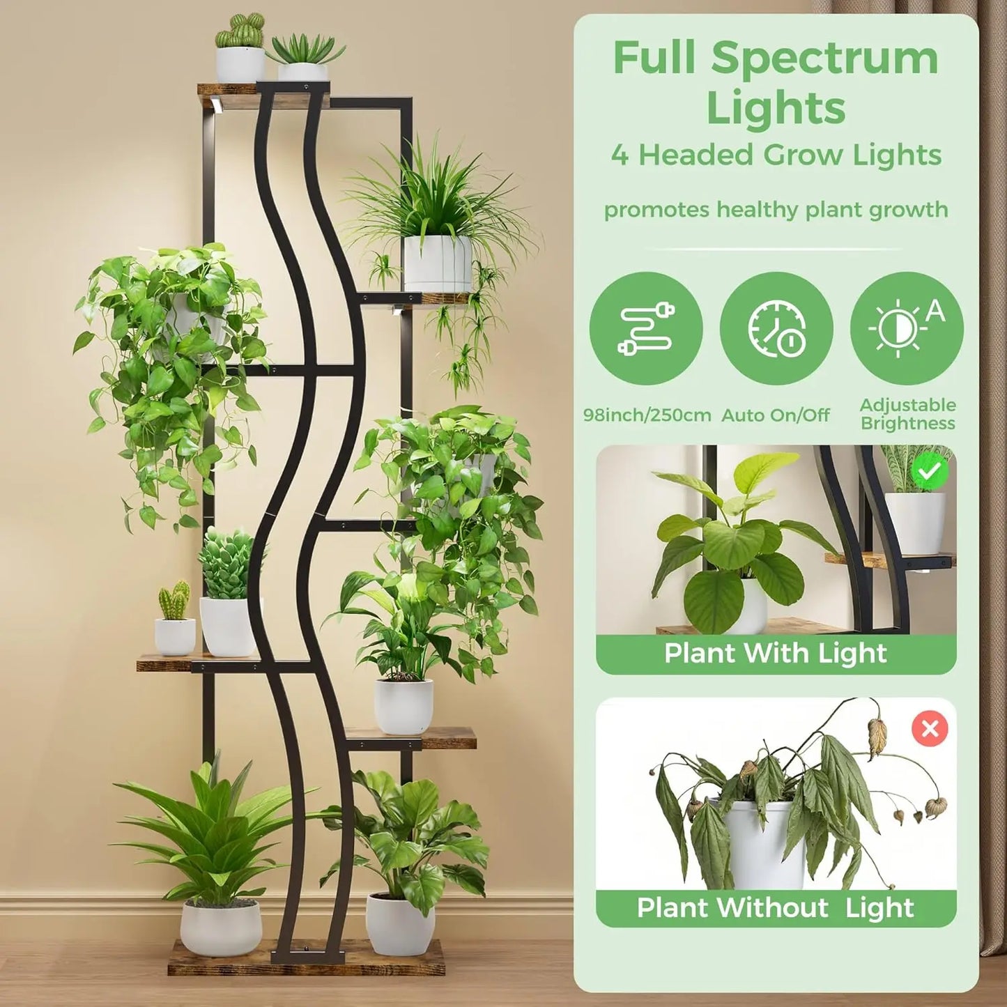 IRONCK Plant Stand Indoor with Grow Lights, 7 Tiered Tall Plant Shelf Indoor, 63" Corner Plant Stands for Indoor Plants