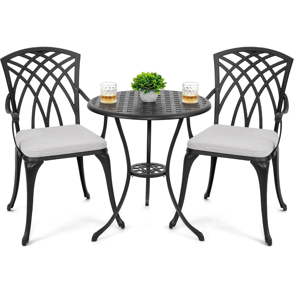3 Piece Outdoor Cast Aluminum Patio Set Patio Table and Chairs Set of 2 with Umbrella Hole and Gray Cushions, Black