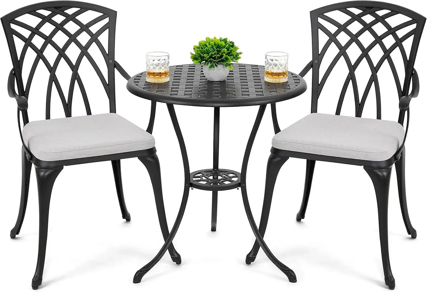 3 Piece Outdoor Cast Aluminum Patio Set Patio Table and Chairs Set of 2 with Umbrella Hole and Gray Cushions, Black