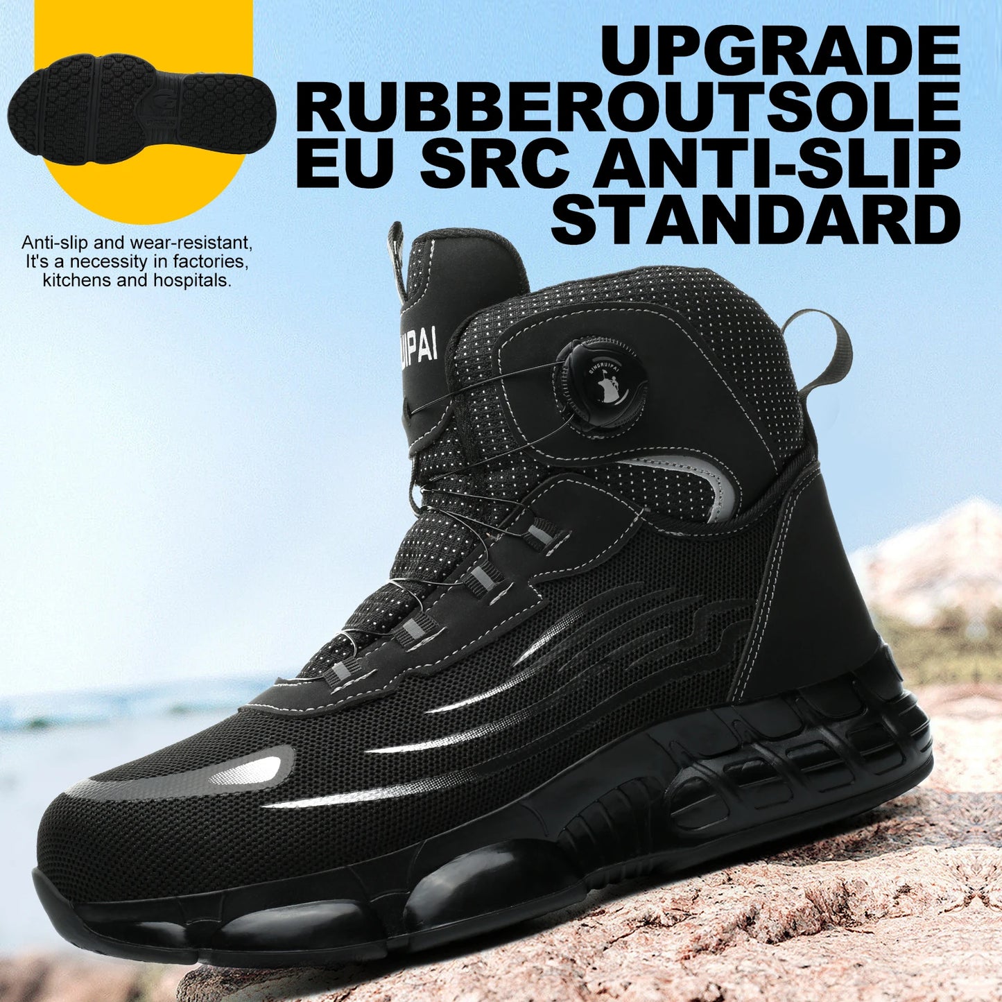 Men's high top lace-free comfortable soft sole anti-smash and puncture resistant work shoes