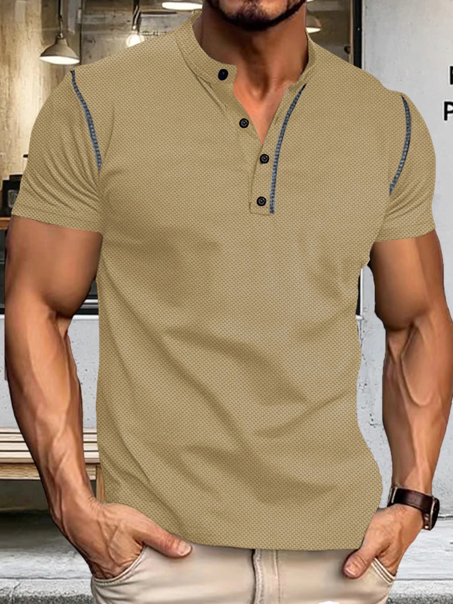 Men s  Fit Henley Short Sleeve T-Shirt with Contrast Stitching Casual Summer Top for Streetwear Style