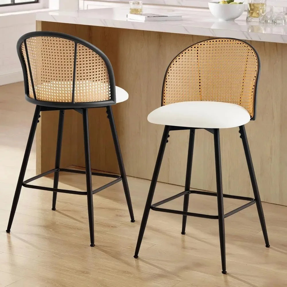 Counter Height Bar Stools Set of 2, 360° Swivel Upholstered Barstools with Rattan Full Back & Metal Legs, PU Leather 26" Mid