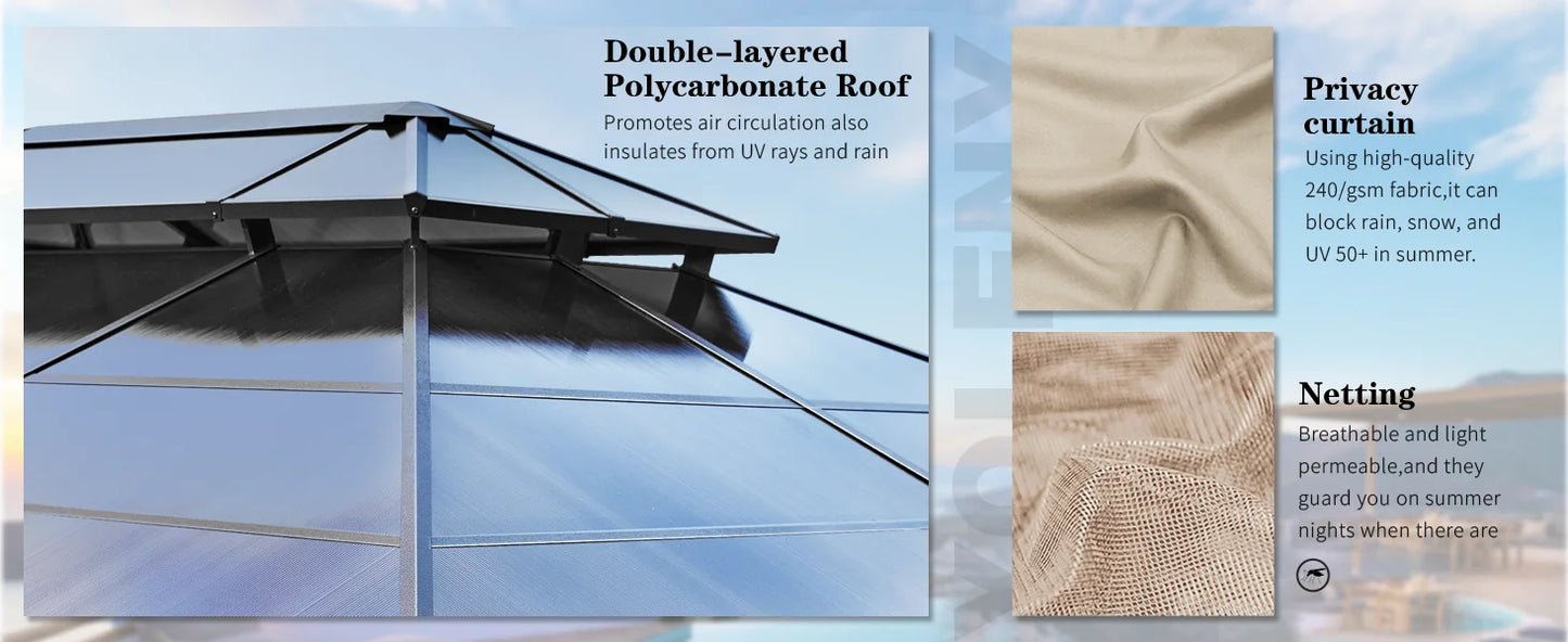 10'x13' Hardtop Gazebo, Outdoor Polycarbonate Double Roof Canopy, Aluminum Frame Permanent Pavilion, Sunshade