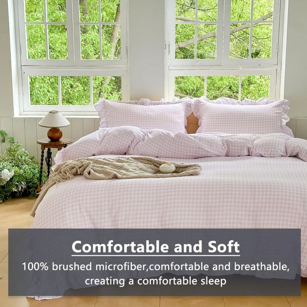 Queen Size Pink Gingham Ruffle Duvet Cover Set, 3-Piece Soft Pre-Washed Microfiber Plaid Comforter Cover