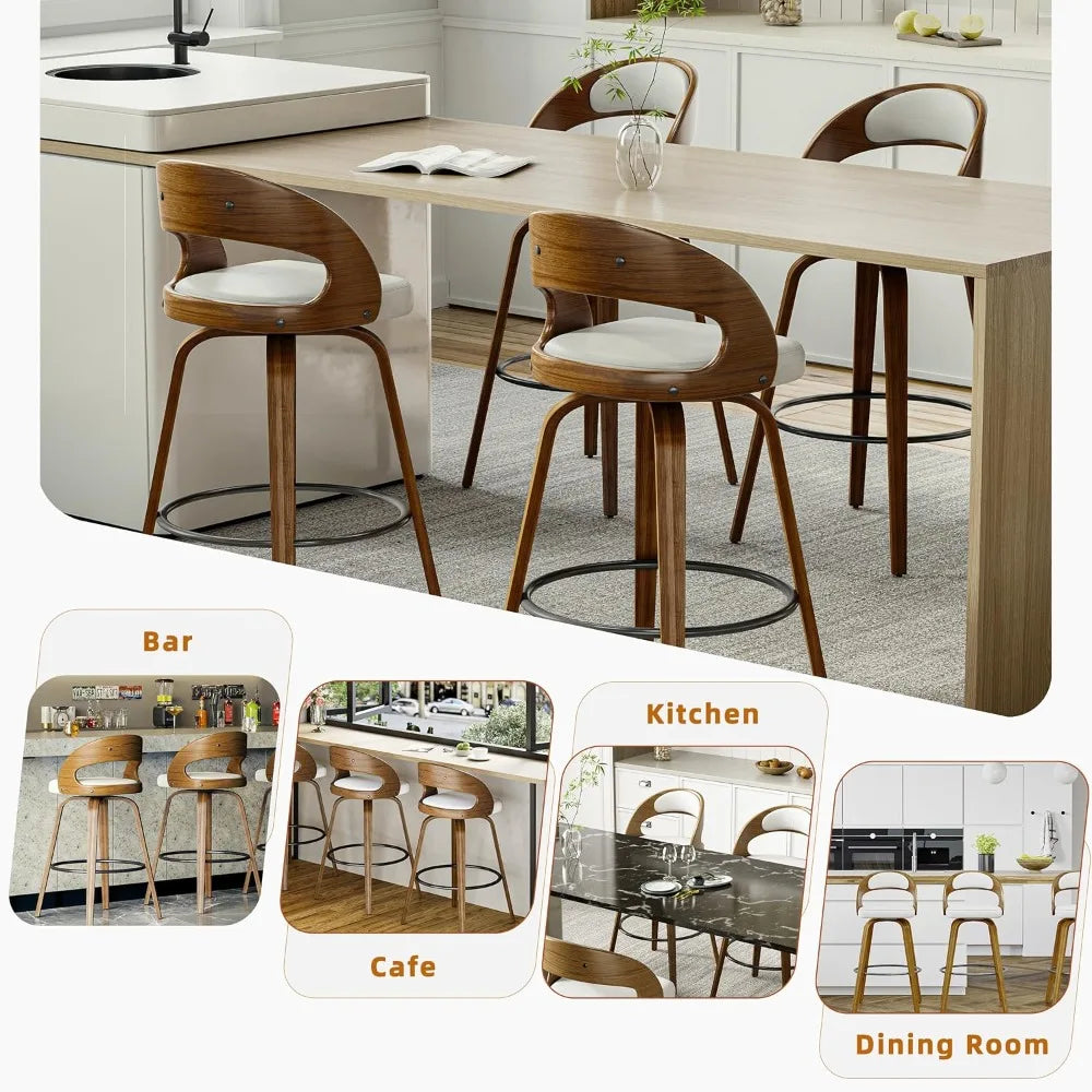 Swivel Counter Height Stools Bar Chairs Faux Leather Bar Stool with Backrest & Solid Wood Legs & Wrap-Around Footrest, Counter