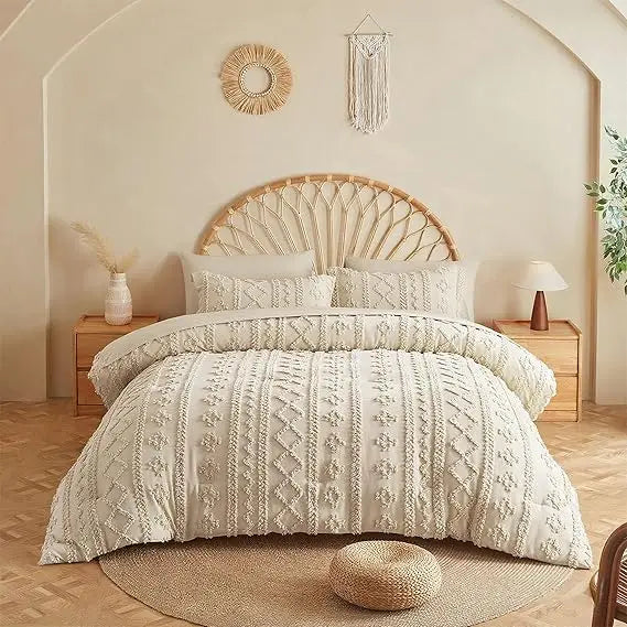 Beige Comforter Set Queen, Tufted Boho Bedding Set, Farmhouse Bed in a Bag Set 7 Pieces with 1 Comforter, 2 Pillow Shams