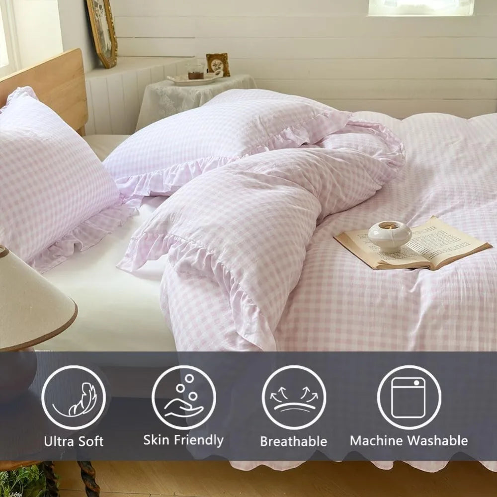 Queen Size Pink Gingham Ruffle Duvet Cover Set, 3-Piece Soft Pre-Washed Microfiber Plaid Comforter Cover