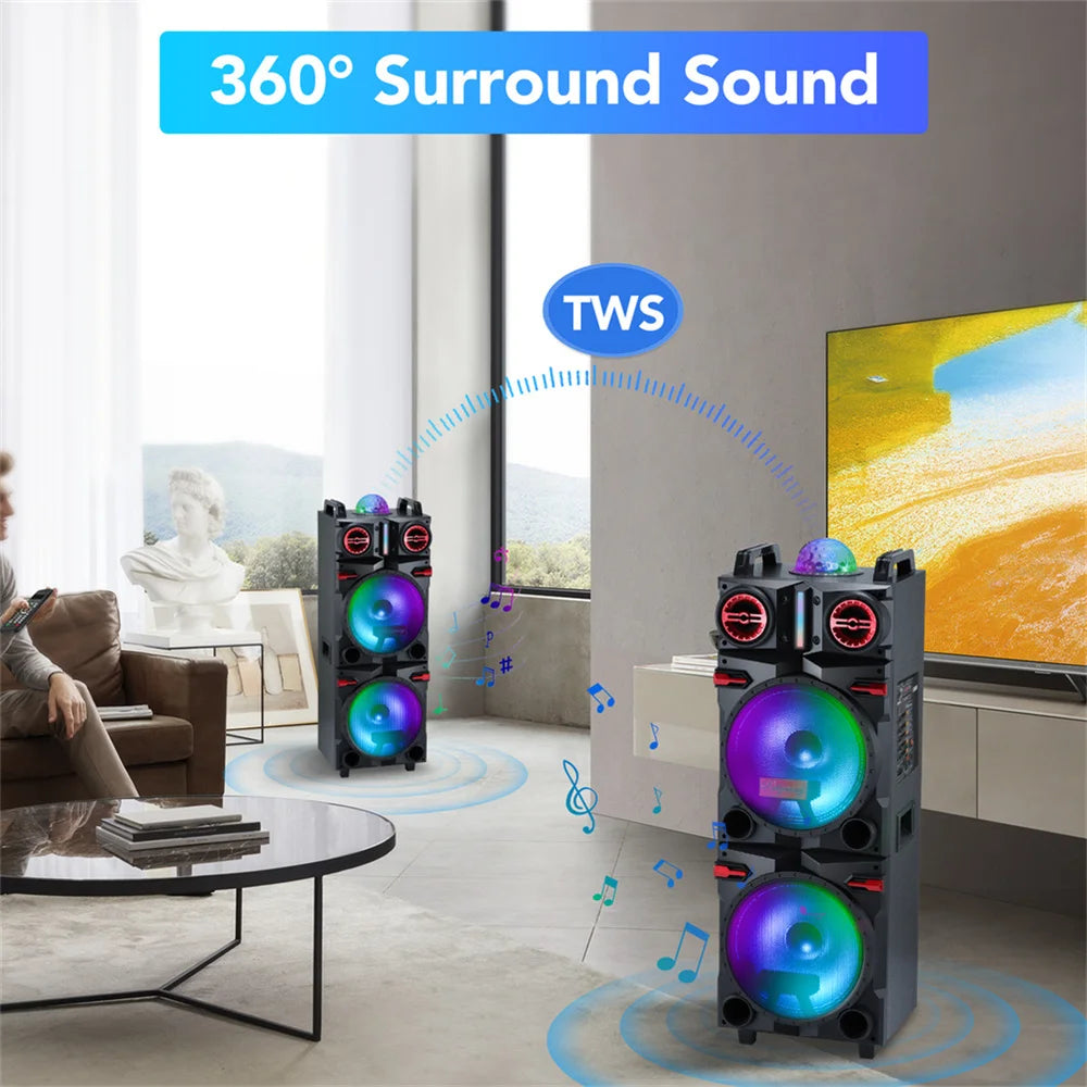 9000W Portable Bluetooth Speaker Heavy Bass Sound System Party Dual10" Subwoofer Led Light Rechargeable Loud Dj Speaker