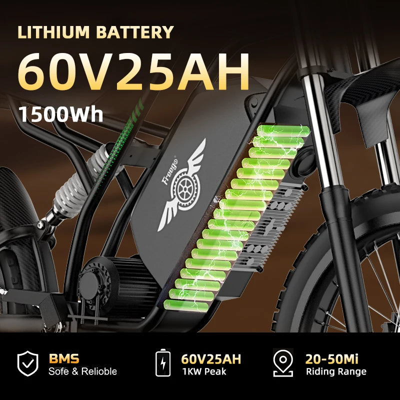Freego Electric Bike Mid-Drive All-Terrain Dirt Ebike Mountain bike 60V 25AH Bikes Adult Electric Off-Road Bicycle Motocycles