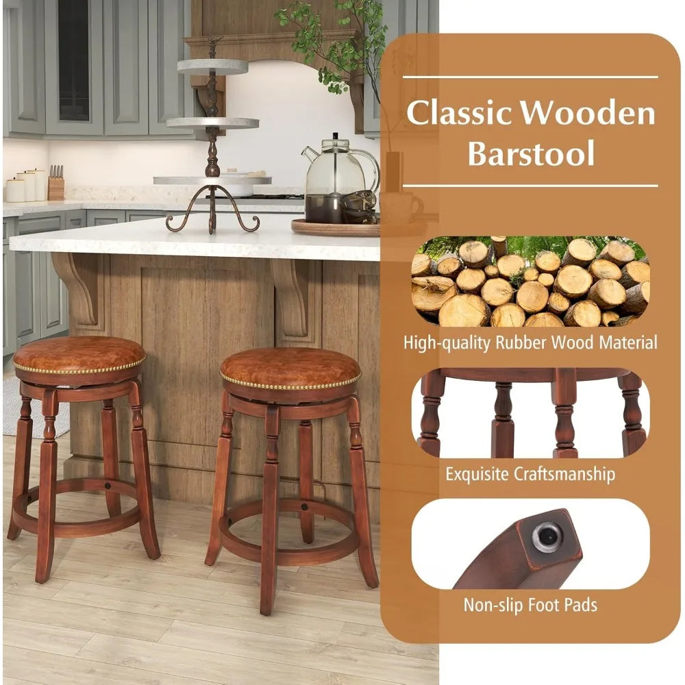 24" Swivel Bar Stools Set of 2, Farmhouse Counter Height Stools with Upholstered Seat & Rubber Wood Frame, Round Backless Kitch