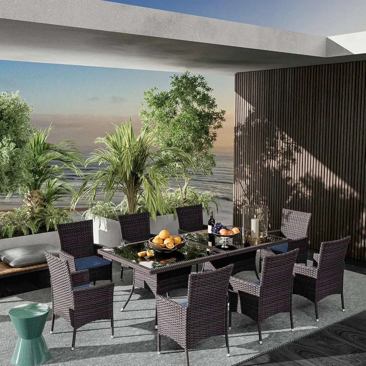 10 Pieces Dining Sets for 8 with Rattan Dining Set Chairs x8 and Square Table Glass Topx2 with Umbrella Cutout, Outdoor