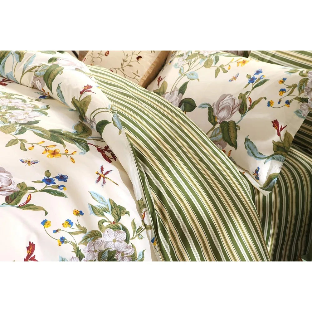 Cotton Striped Floral Duvet Cover Set in Green and Beige with Shabby Chic Flower Branches for Summer Reversible Bedding 600 Thre