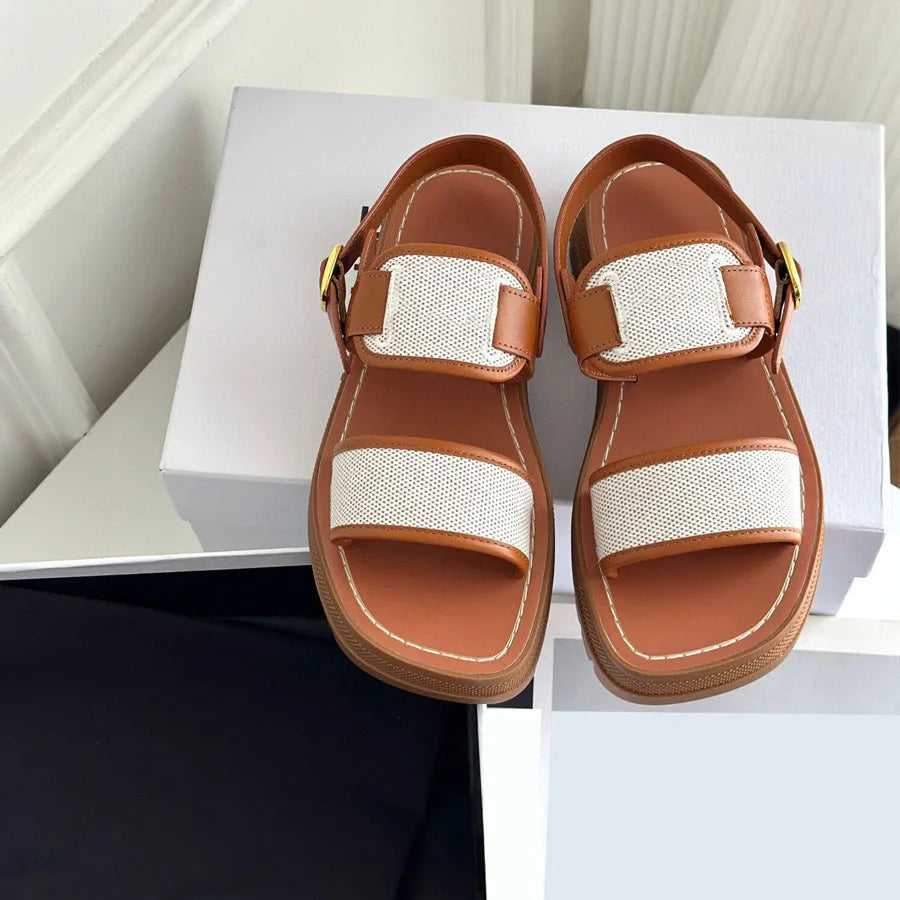 23SS Top Quality Brown Casual Gladiator Platform Heel Sandals Dress Shoes Real Leather Ankle Strap Buckle Luxury Designer Flat