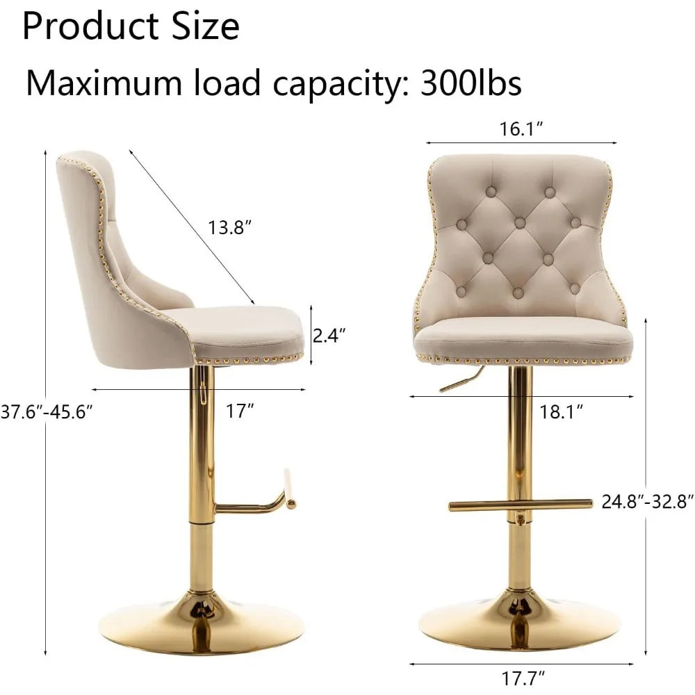 Velvet Bar Stools Set of 4, Counter Height Bar Stools with Button & Nailheads Trim, Gold Swivel Bar Stools for Kitchen Island, B