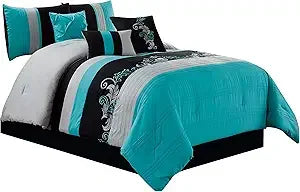 Collection Napa 7-Piece Luxury Leaves Scroll Embroidery Bedding Comforter Set (Queen, Teal Blue/Gray/Black)