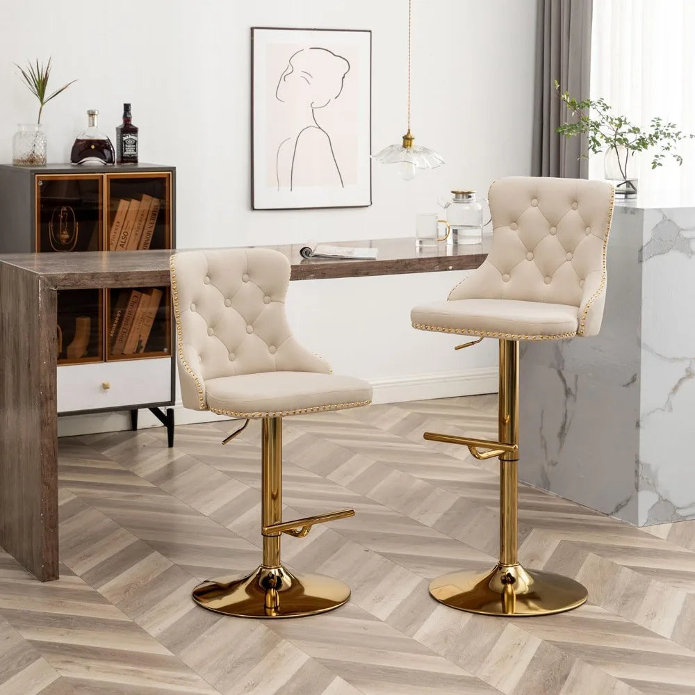 Velvet Bar Stools Set of 4, Counter Height Bar Stools with Button & Nailheads Trim, Gold Swivel Bar Stools for Kitchen Island, B