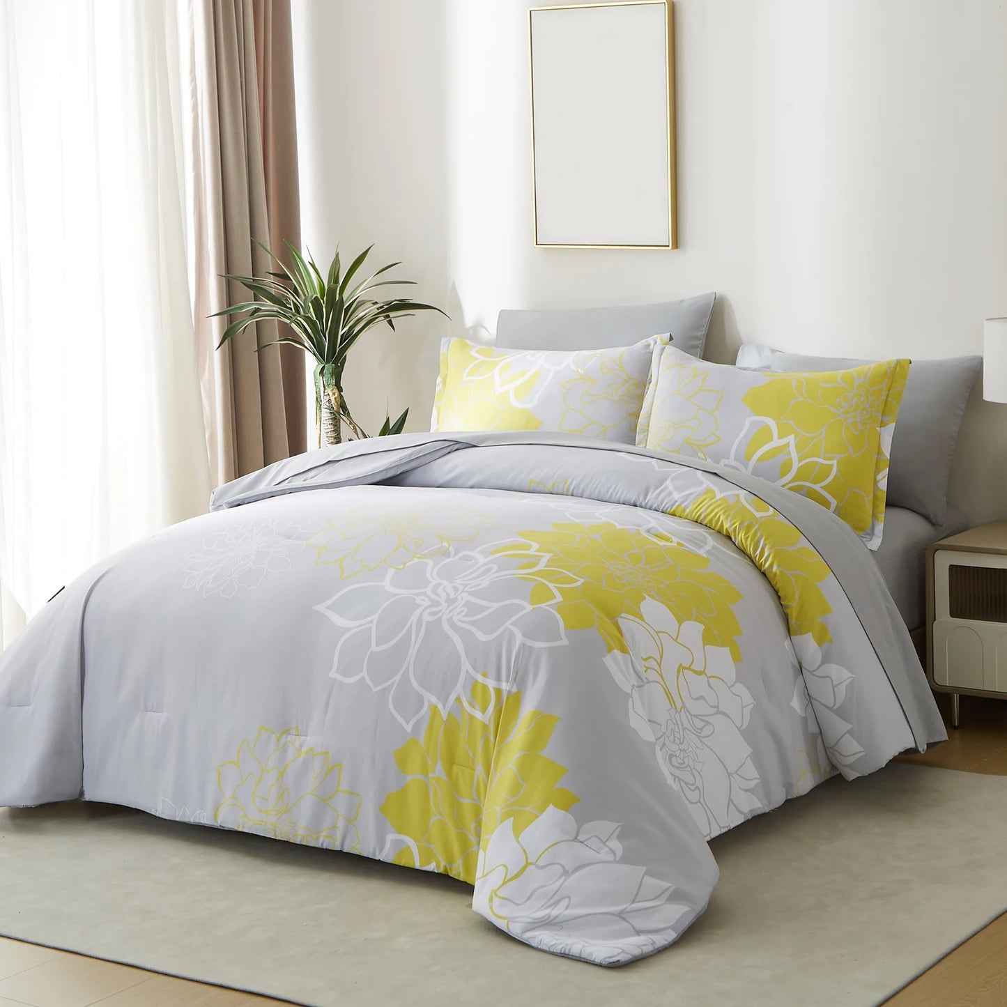 Comforter Set - 7 Pieces Floral Bedding Sets with Reversible Botanical Flowers Comforter, Sheets, Pillowcases & Shams