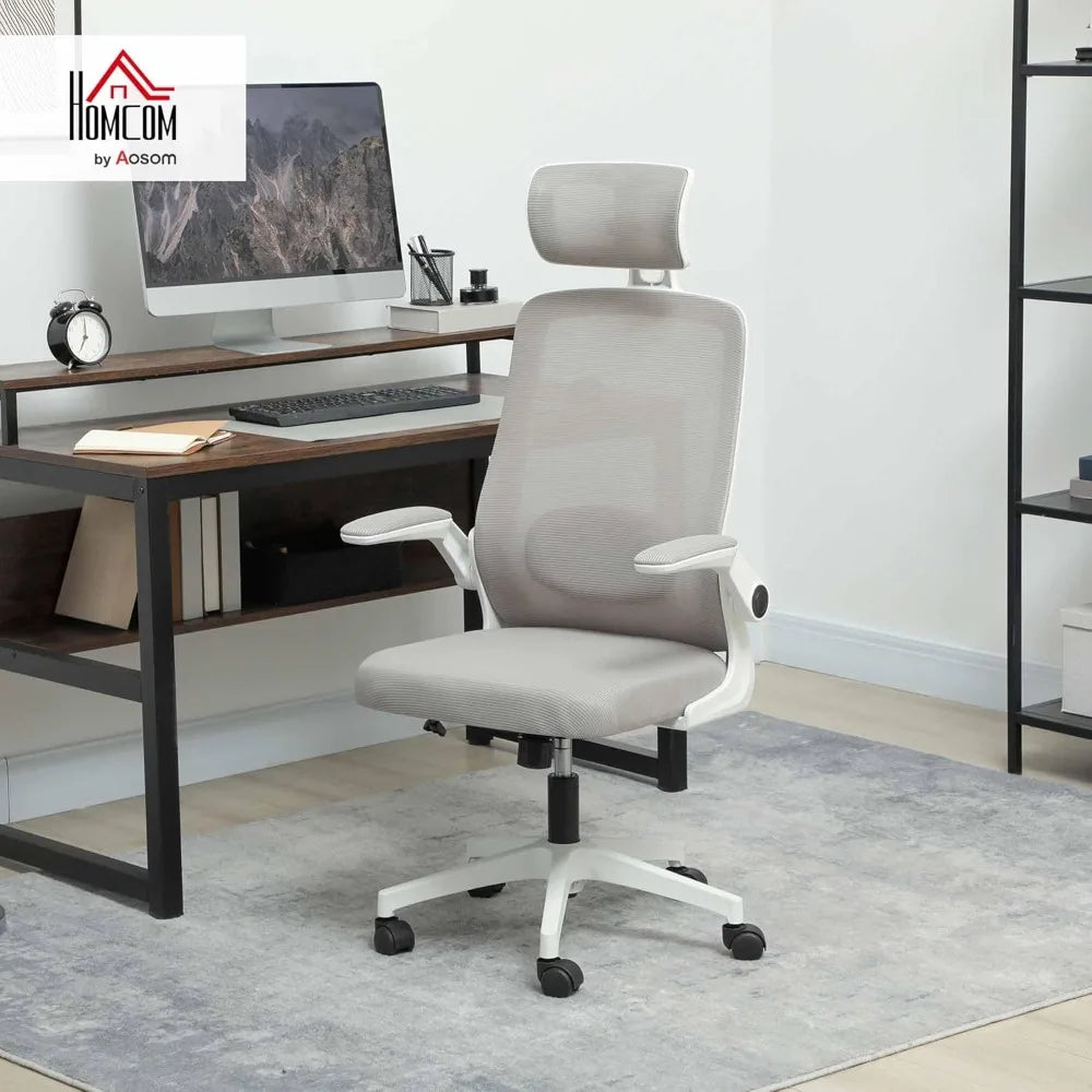 Office Chair, High Back Desk Chair with Flip-up Armrest, Rotatable Headrest, Tilt Function, Adjustable Lumbar Support, Swivel