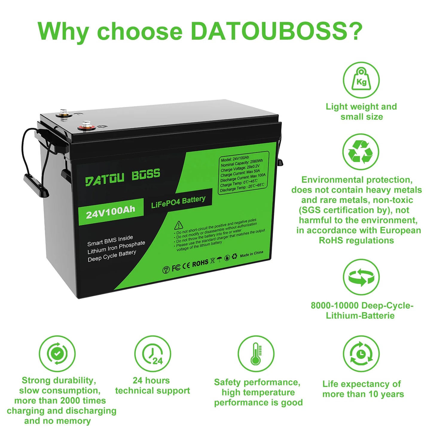 DATOUBOSS 24V 100Ah 2560Wh Lithium LiFePO4 Battery with 100A BMS Perfect for RV,Golf Cart,Solar Power System,Trolling Motor