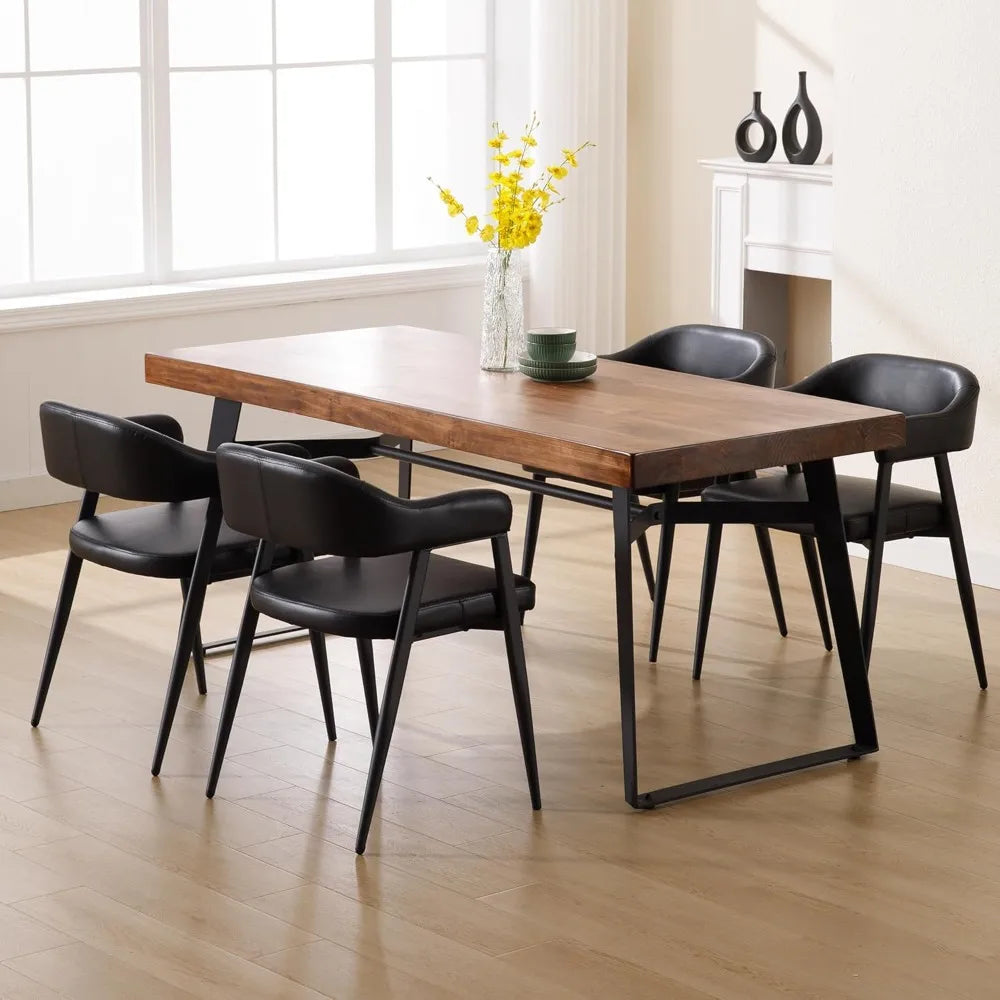 Leather Dining Chairs Set of 2 with Black Metal Legs, Mid Century Modern Kitchen Chairs with Curved Backrest