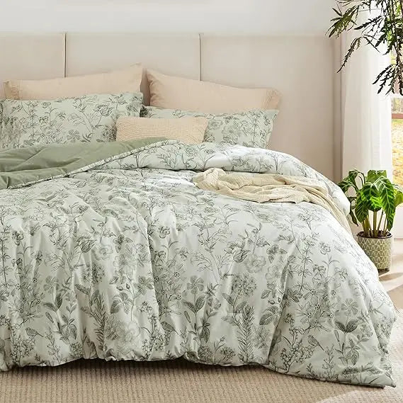 King Size Floral Comforter Set - 100% Cotton and Microfiber Filled, Sage Green 3-Piece Bedding