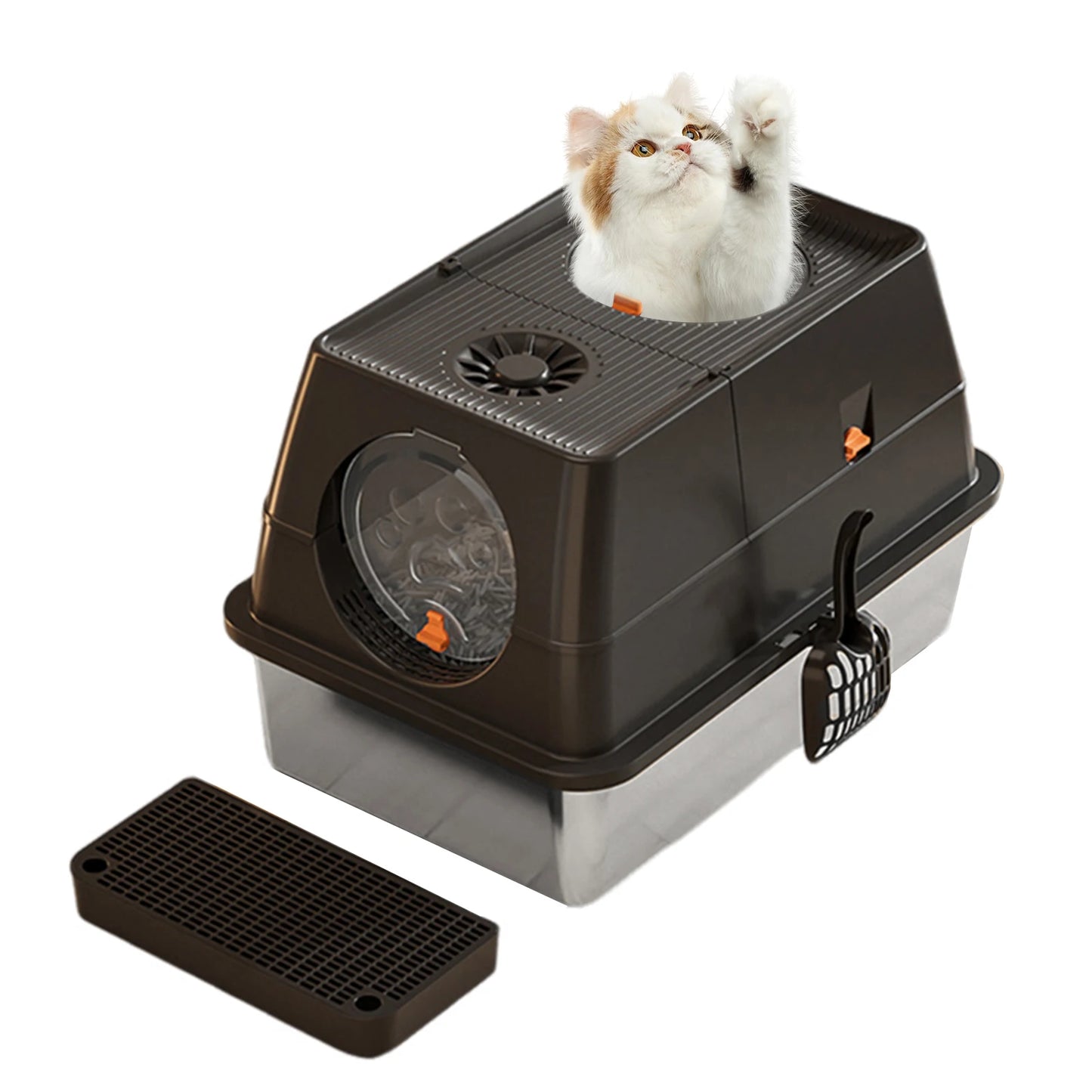 Stainless Steel Cat Litter Box, High Sided Enclosure Cat Toilet With Lid, Front And Top Door, Sand Filter Pedal & Litter Scoop