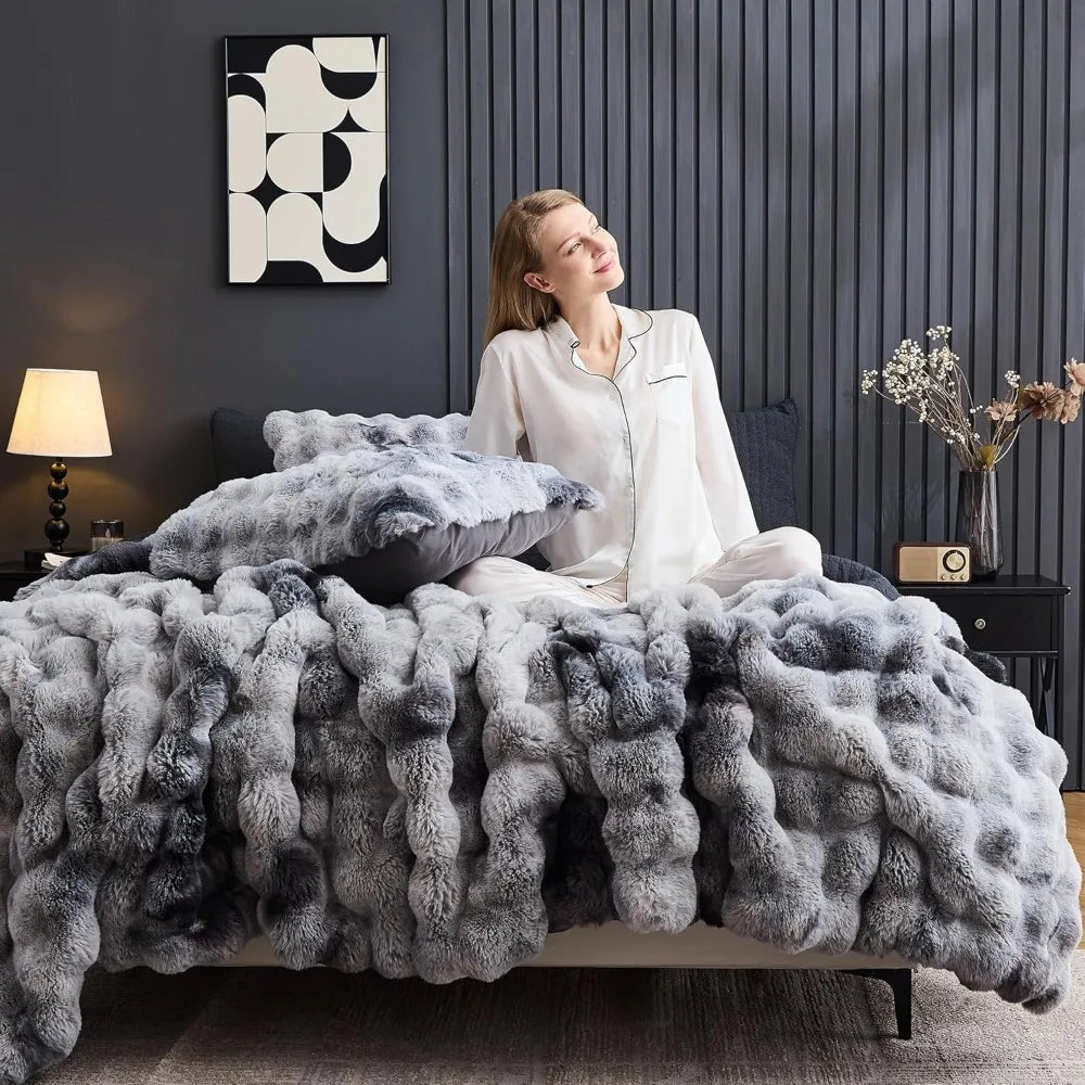 King Size Tie-Dye Grey Plush Rabbit Fur-Like Comforter Set, Fluffy and Warm Bedding