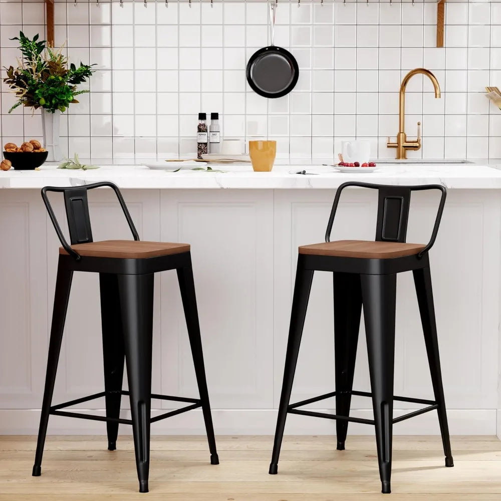 Metal Bar Stools Set of 2 Counter Height Barstools with Removable Back 24" Kitchen Bar Stools with Wooden Seat, Black