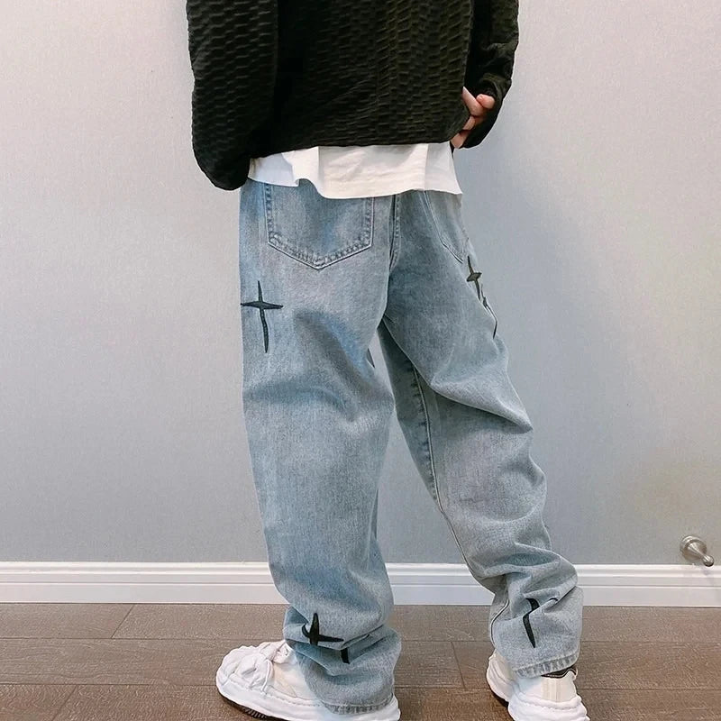 New Baggy Men's Jeans Embroidery Fashion Loose Denim Pants Streetwear Hip Hop Straight Wide Leg Trousers Casual Men Clothing