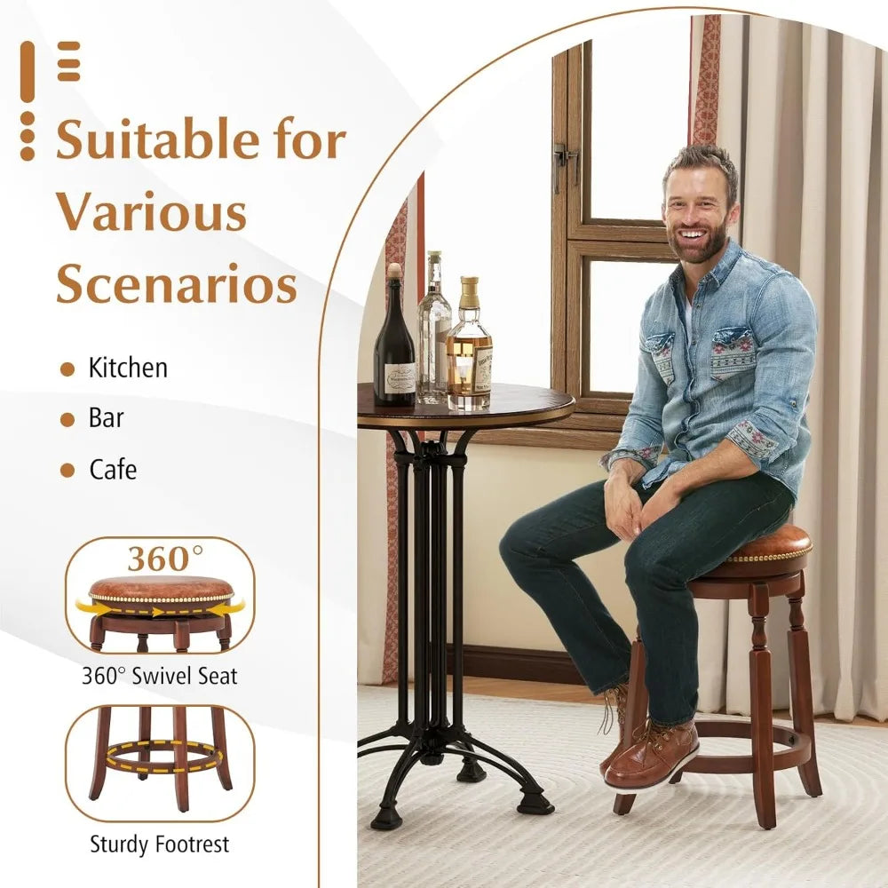 24" Swivel Bar Stools Set of 2, Farmhouse Counter Height Stools with Upholstered Seat & Rubber Wood Frame, Round Backless Kitch