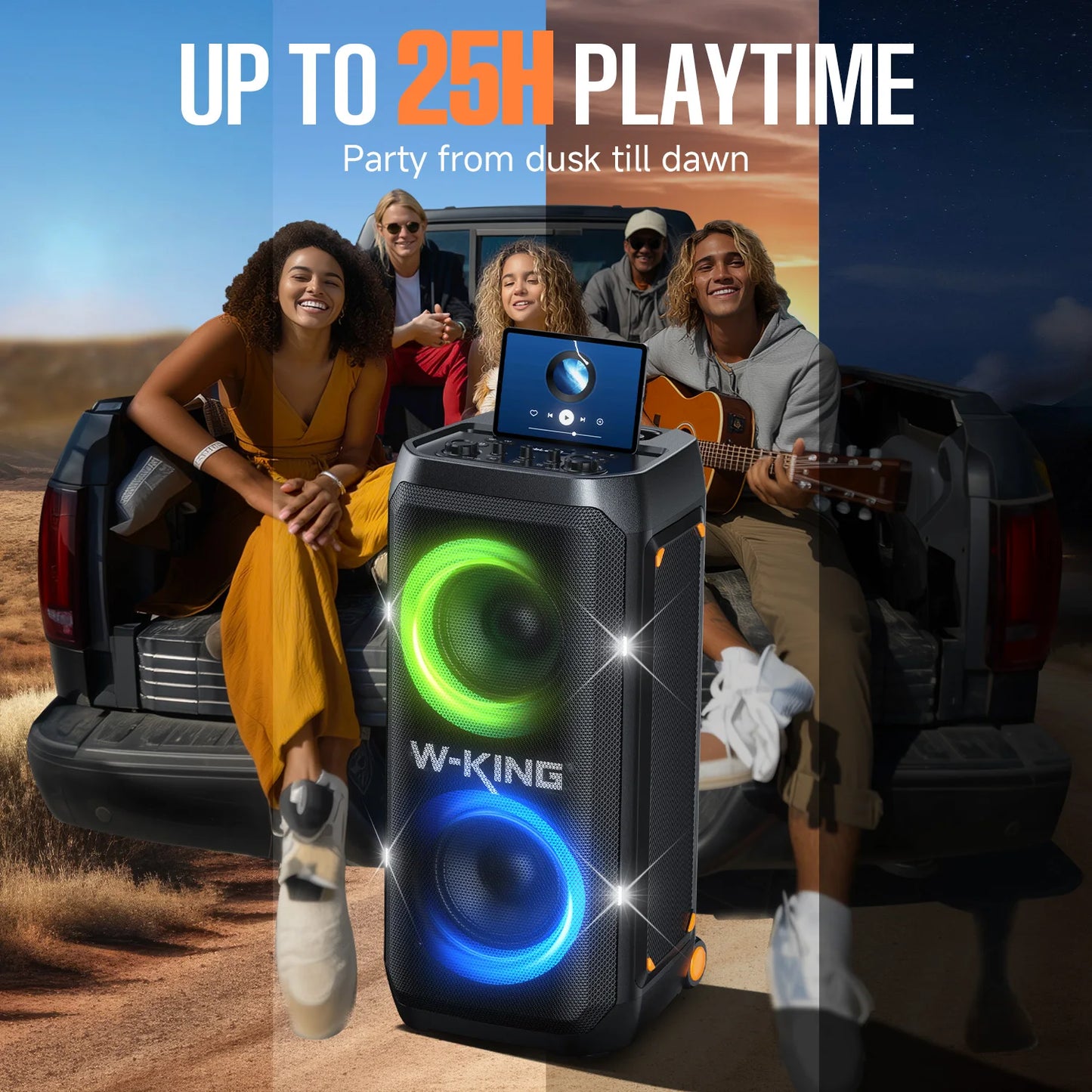 W-KING T12 Tragbare Bluetooth-Lautsprecher-Box mit 370W MAX Pro Sound, Lichtshow, CSB, Bass Boost, Rollen und Teleskopgriff