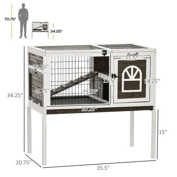 PawHut Indoor Rabbit Hutch Wooden Guinea Pig Cage with Tray Lockable Doors Coffee