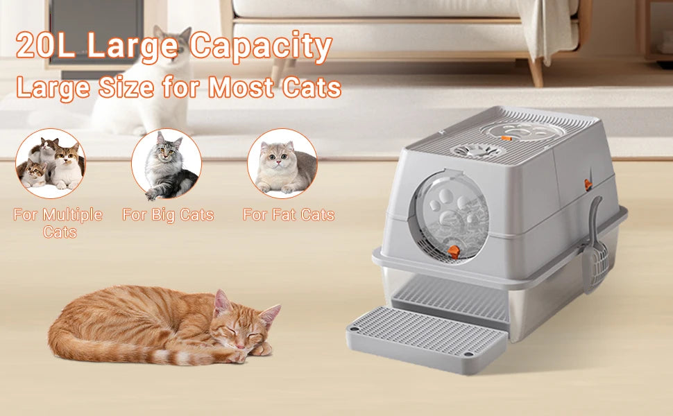 Stainless Steel Cat Litter Box, High Sided Enclosure Cat Toilet With Lid, Front And Top Door, Sand Filter Pedal & Litter Scoop