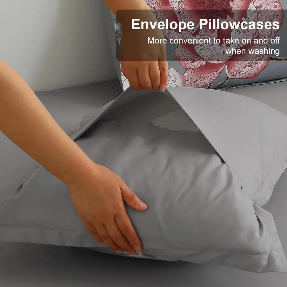 Floral Comforter Set King Size 7 Pieces Bed in a Bag, Pink Flower Print on Gray Bedding Set, Soft Microfiber Bedding Set