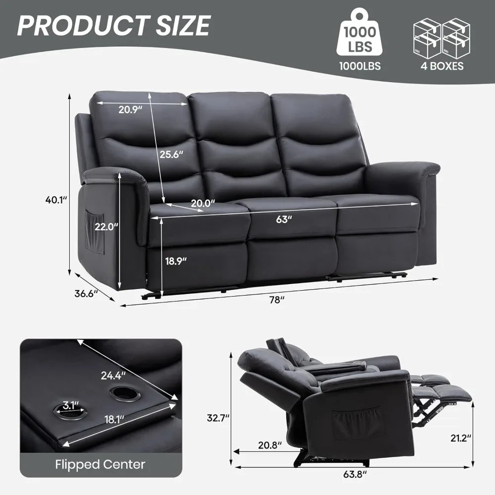 Sofa, 3 Seater Recliner Sofa with Flipped Middle Backrest,Cup Holder, Loveseat Recliner Sofa PU Leather Manual Reclining Couch