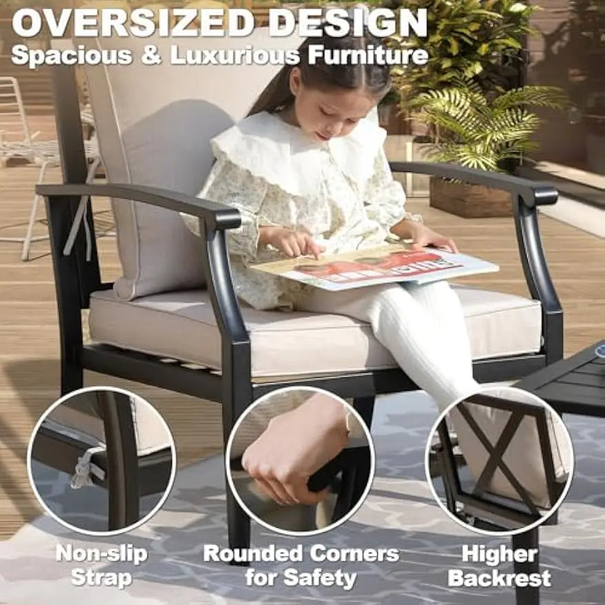 4-Piece Patio Furniture Set, Wider Outdoor Metal Seating Sofa with High Back & Loveseat, Coffee Table, All Weather Metal Convers