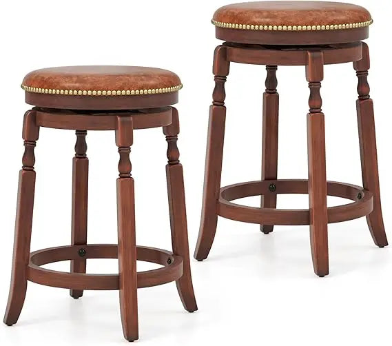 24" Swivel Bar Stools Set of 2, Farmhouse Counter Height Stools with Upholstered Seat & Rubber Wood Frame, Round Backless Kitch