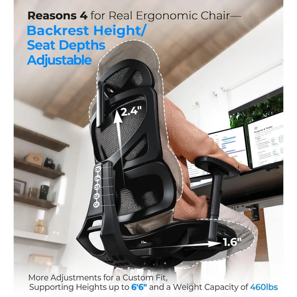 Ergonomic Mesh Office Chair - 6‘6“ Big & Tall Home Office Desk Chairs Seat Depth Adjustable with Lumbar Support - Back Height