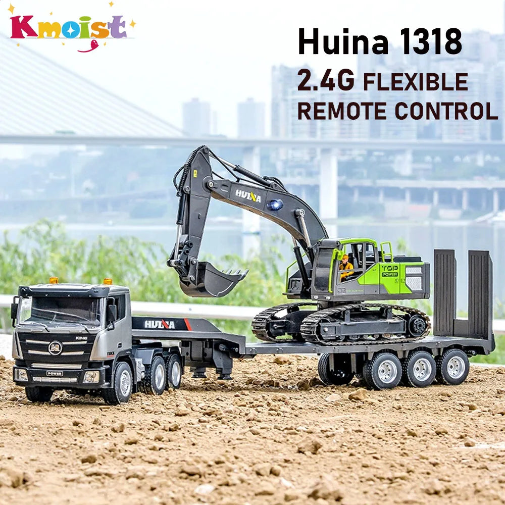 Huina 1318 Rc Truck Remote Control Alloy 1/18 9Ch 2.4G Transport Truck Model Electric Toy with Flatbed Trailer for Kids Boy Gift